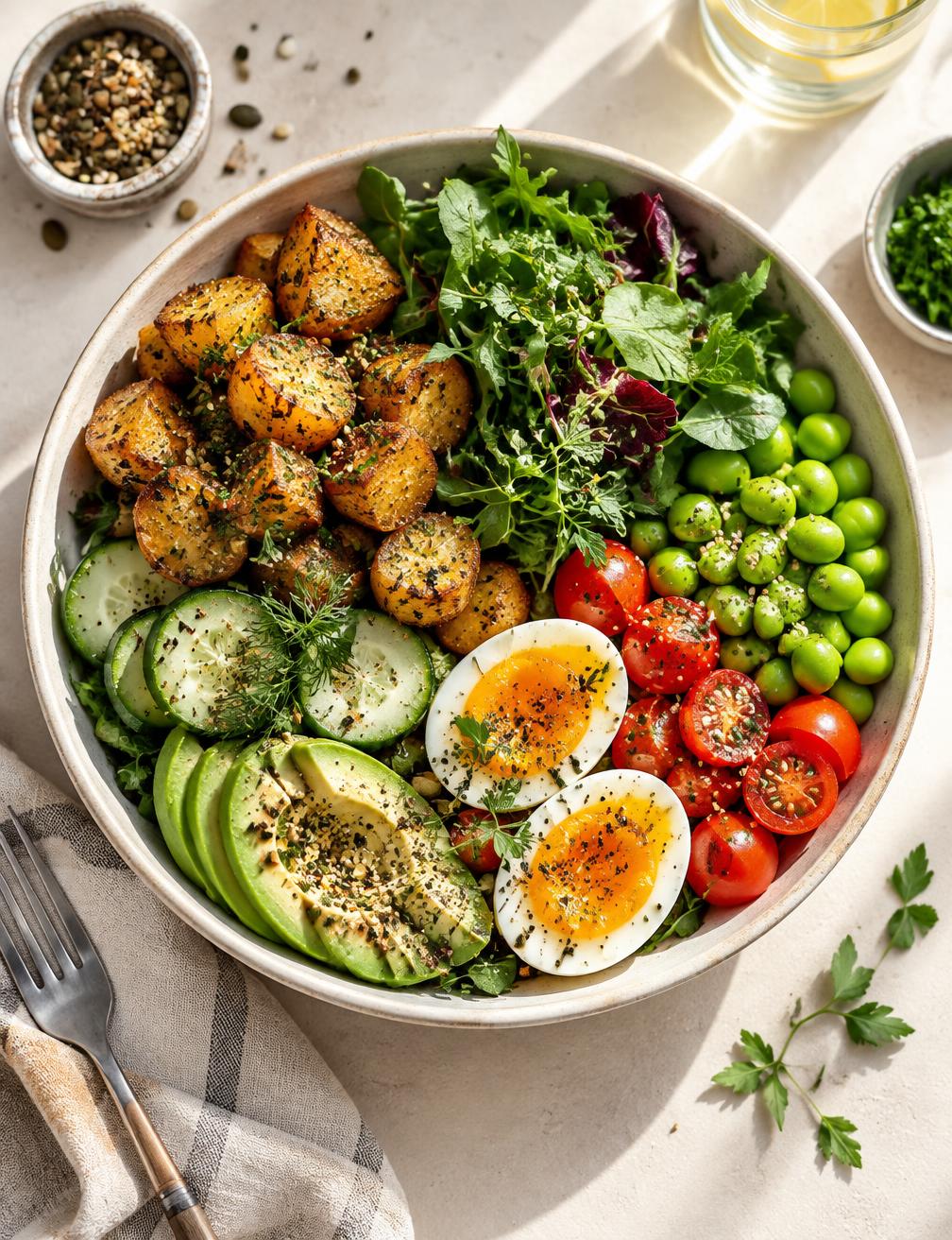 Ausgewogene Bowl mit Kartoffeln, Gemüse, Ei und Avocado auf dem Guide-Cover